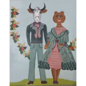 ציור שמן על קנבס של פרה ודוב מחזיקים ידיים