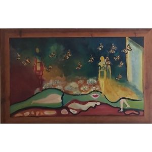 ציור שמן קנבס של אישה אשר הולכת בטבע ולידה עפים פרפרים