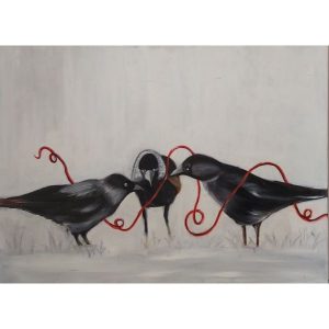 ציור של צבעי שמן על קנבס של שלושה עורבים עומדים על דשא ועליהם חוט אדום