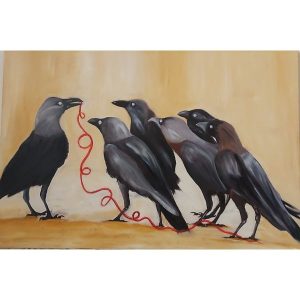 ציור של צבעי שמן על קנבס של שישה עורבים ואחד מהם מחזיק חוט אדום בפה