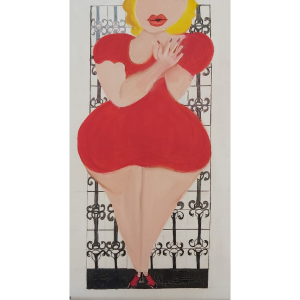 ציור אקריליק על קנבס של אישה בלונדינית לובשת שמלה אדומה