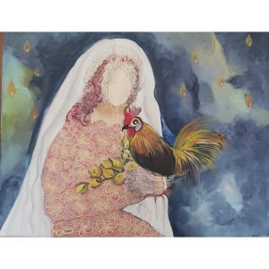 ציור של צבעי שמן על קנבס של אישה מחזיקה תרנגול