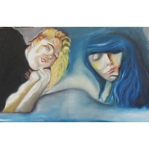 ציור של צבעי שמן על קנבס של שתי נשים עוצמות עיניים