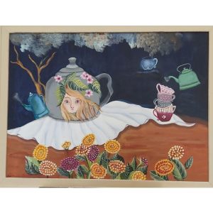 ציור של צבעי שמן על קנבס של קנקנים ופרחים