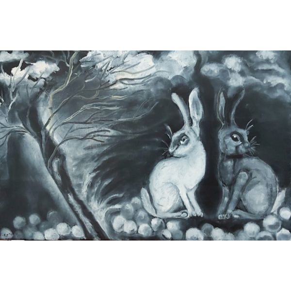 ציור של צבעי שמן על קנבס של שני ארנבים נמצאים ביער