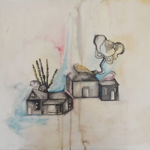 ציור שמן קנבס של בתים וציפורים