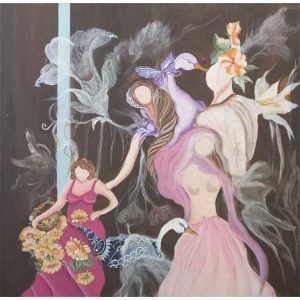 ציור שמן קנבס של שלושה נשים בשמלות ולידין חסידה