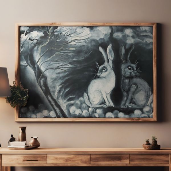 ציור של צבעי שמן על קנבס של שני ארנבים נמצאים ביער