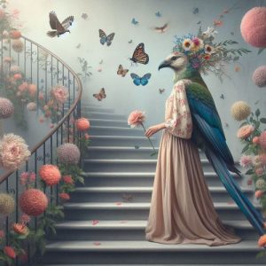 אישה ציפור עומדת על המדרגות ולידה פרפרים עפות מיוצרת על ידי בינה מלאכותית