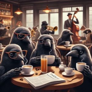 תמונה של עורבים יושבים בבית קפה מיוצרת על ידי בינה מלאכותית