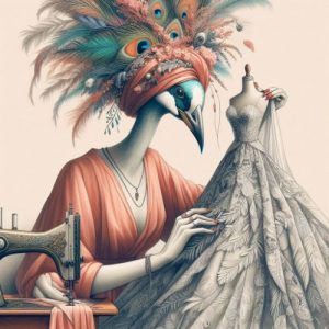 אישה ציפור תופרת בגדים מיוצרת על ידי בינה מלאכותית