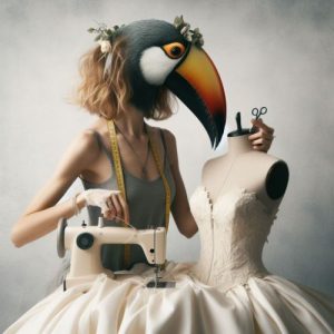 אישה ציפור תופרת בגדים מיוצרת על ידי בינה מלאכותית