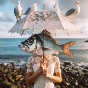 תמונה של אישה אשר מחזיקה וראשה מדג מחזיקה מטריה ועל המטירה יושבות ציפורים מיוצרת על ידי בינה מלאכותית