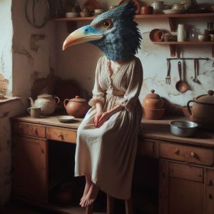 אישה אשר פניה זה פנים של ציפור יושבת על הכיסא במטבח מיוצרת על ידי בינה מלאכותית