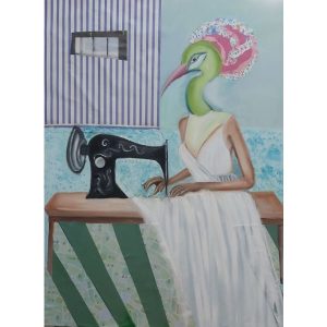 ציור של צבעי שמן על קנבס של אישה עם ראש של ציפור תופרת שמלת הכלה